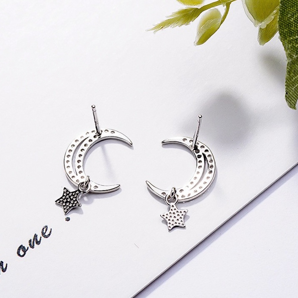 Delicate Silver Tone Moon & Dangling Star Earrings - Picture 3 of 8
